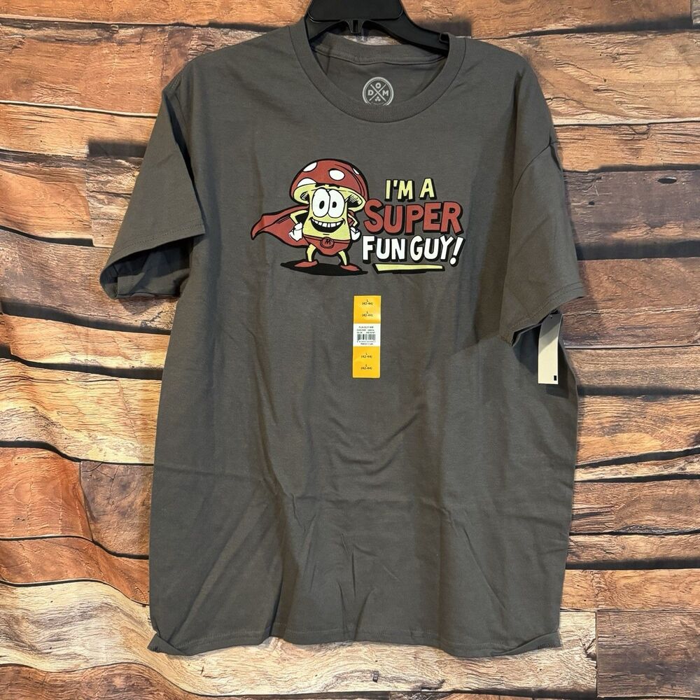 Humor Men's I'm a Super Fun Guy Mushroom Graphic Tee Large L DOM Grey Funny NWT